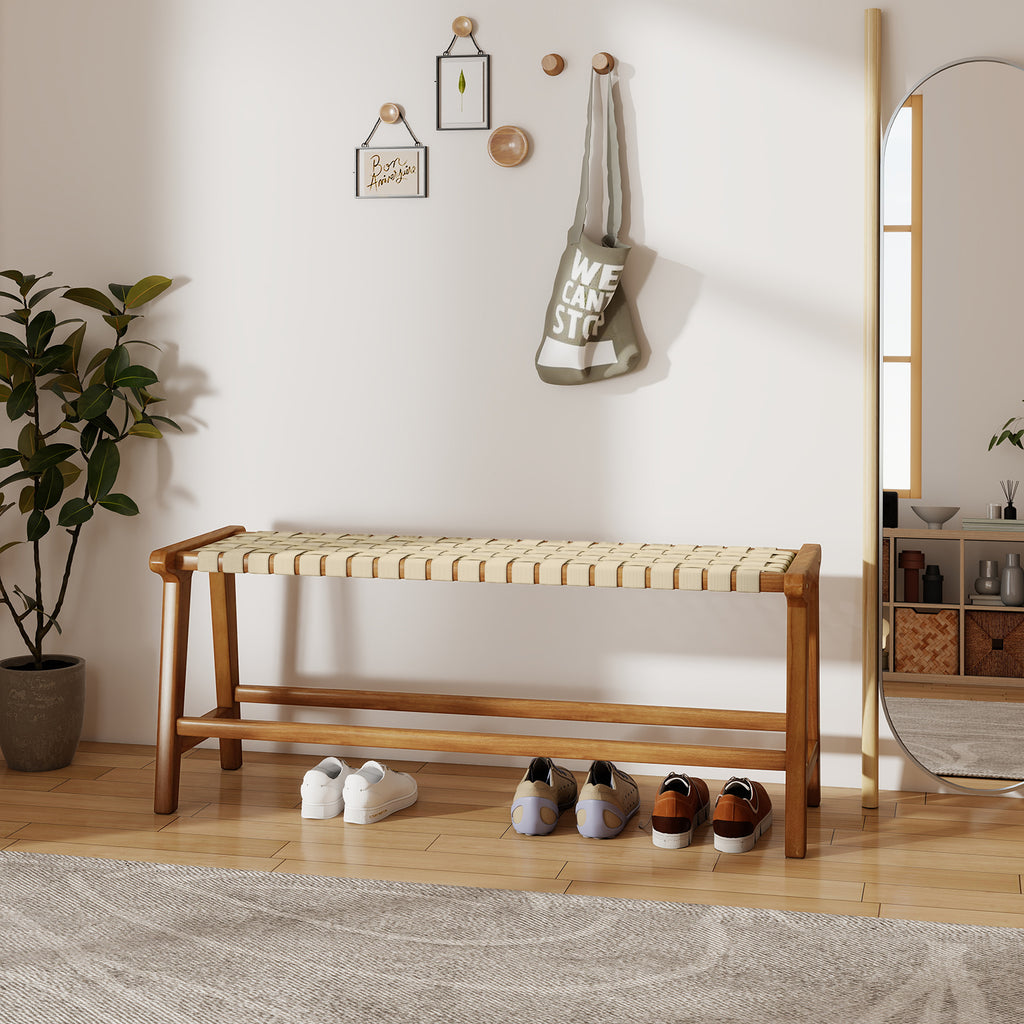 47 Inches Long Teak Wood Patio Bench with Weave Seat and Solid Legs