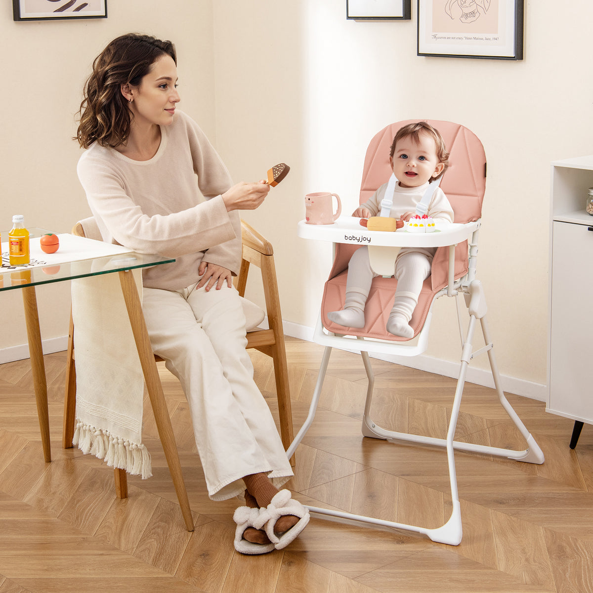 Pink Compact Highchair with Removable Tray & Safety Harness - Easy Clean & Space Saving