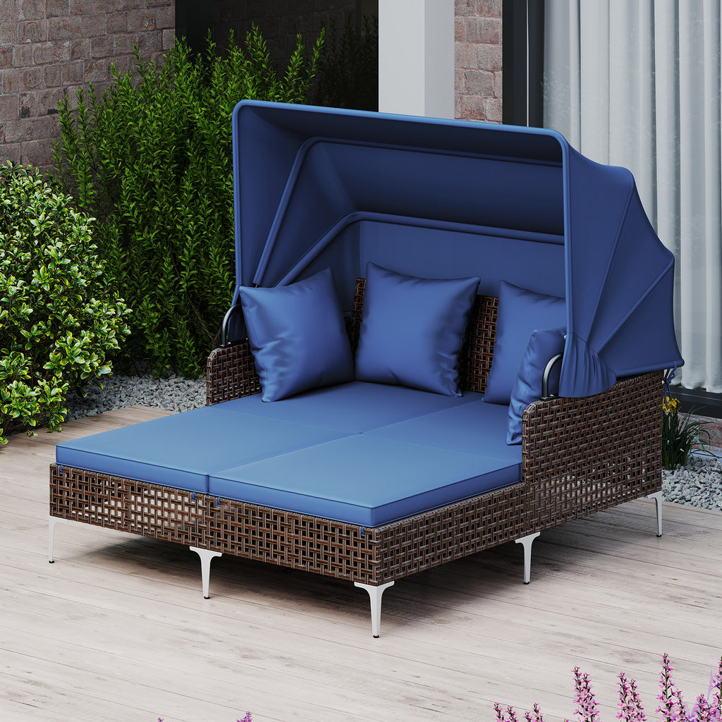 Outdoor Daybed with Retractable Canopy, PE Rattan - Brown