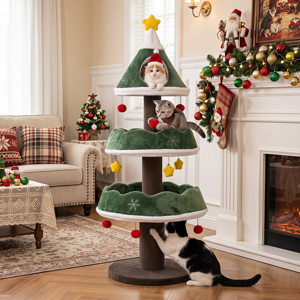 Green 56.5 Inch Multi-Level Cat Tower with Fully Wrapped Scratching Posts