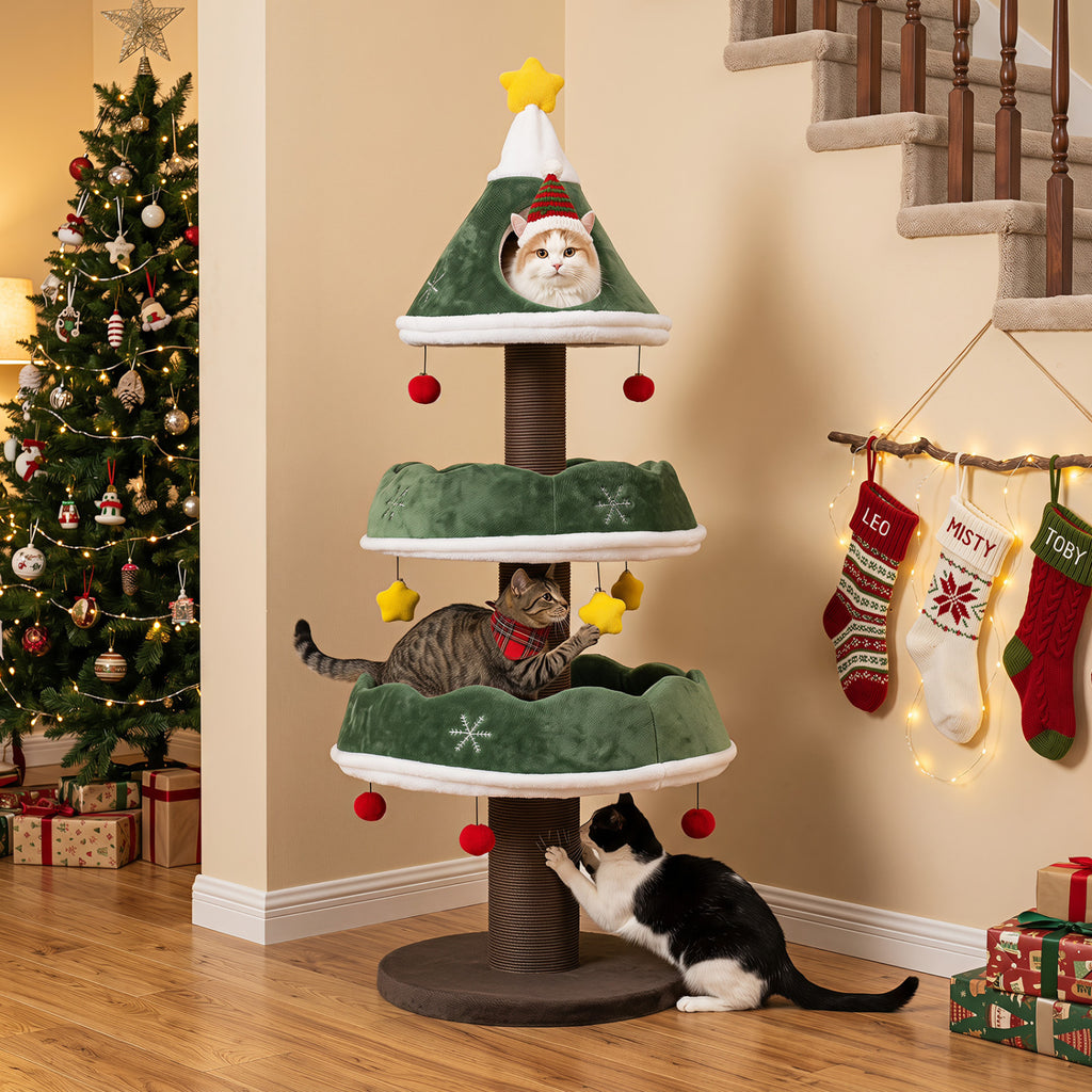 Green 56.5 Inch Multi-Level Cat Tower with Fully Wrapped Scratching Posts