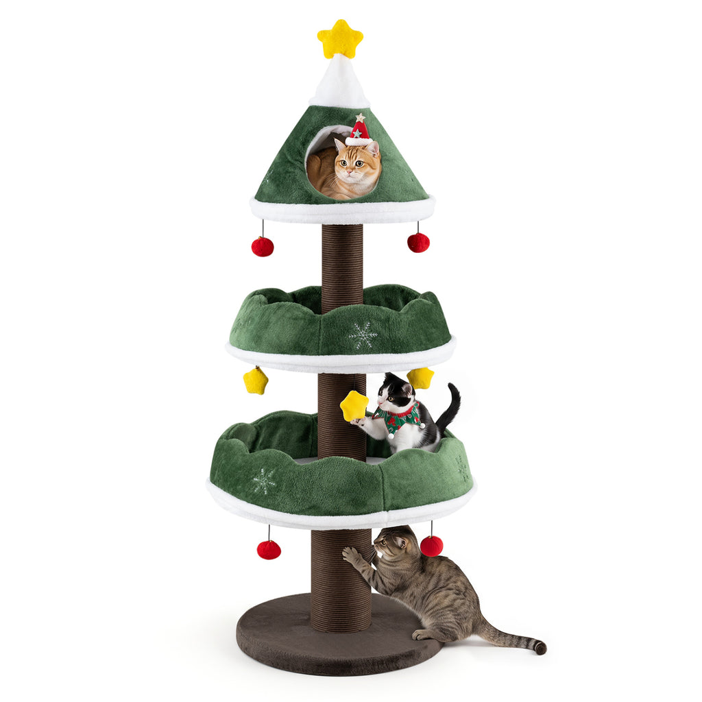 Green 56.5 Inch Multi-Level Cat Tower with Fully Wrapped Scratching Posts