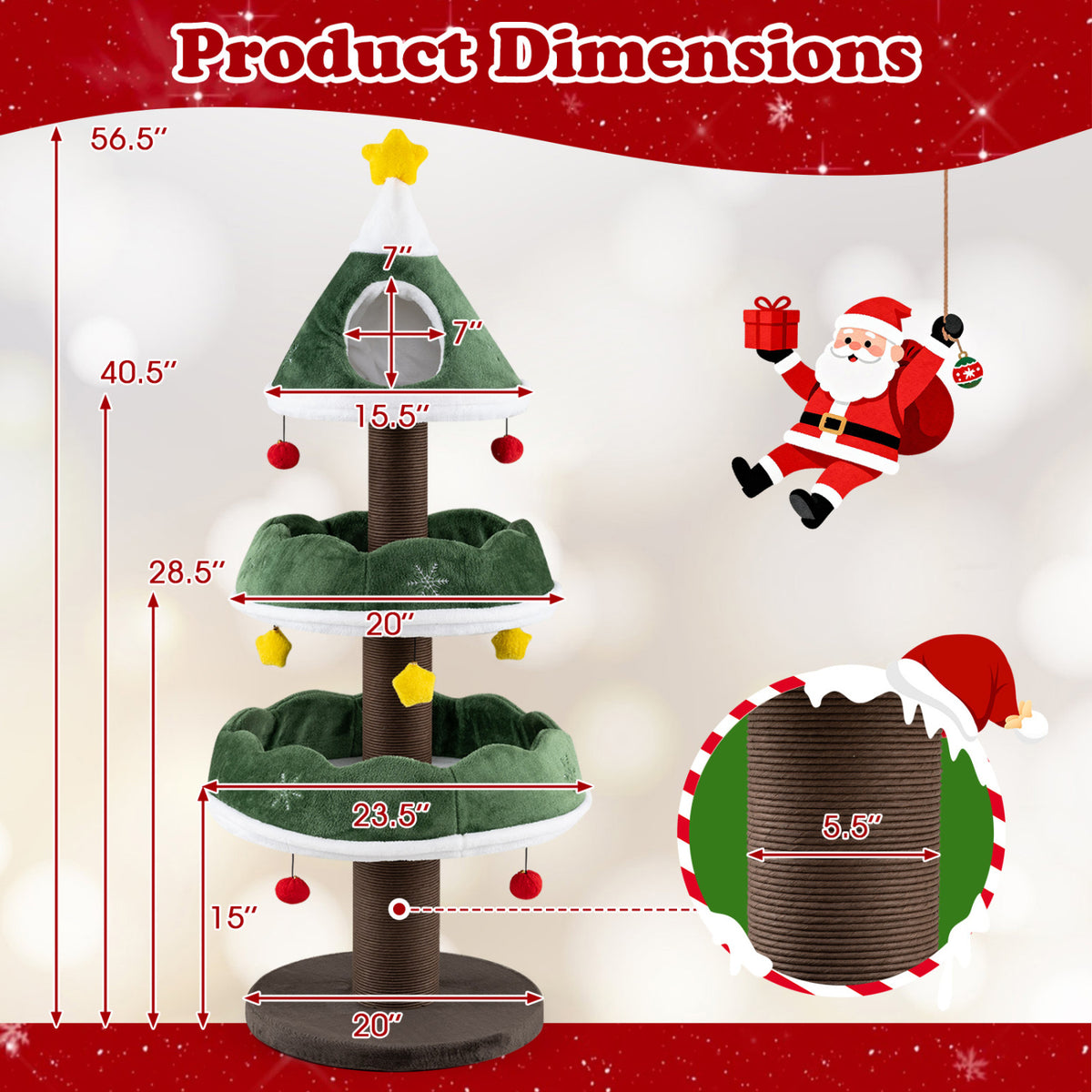 Green 56.5 Inch Multi-Level Cat Tower with Fully Wrapped Scratching Posts