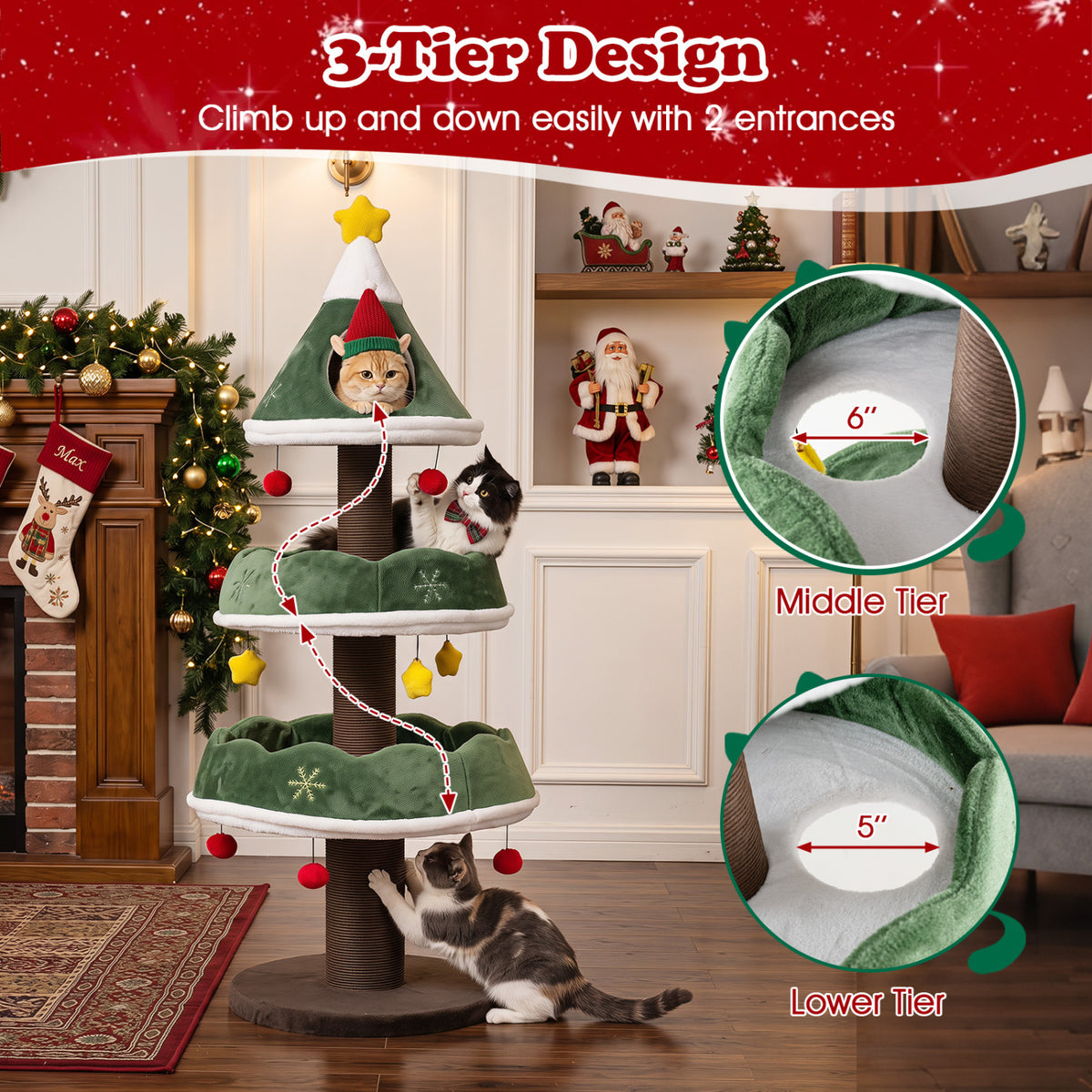Green 56.5 Inch Multi-Level Cat Tower with Fully Wrapped Scratching Posts