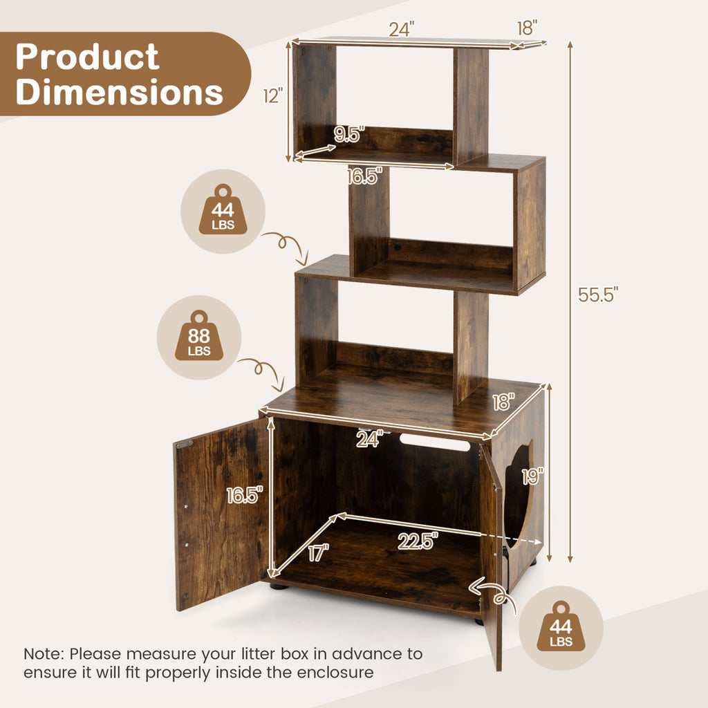 56 Inch Tall Cat Litter Box Enclosure with Storage - Rustic Brown