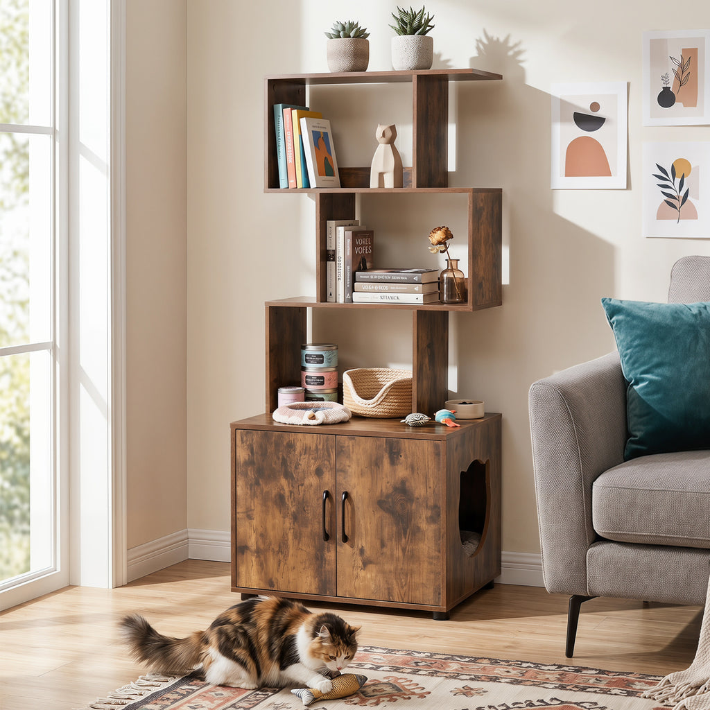 56 Inch Tall Cat Litter Box Enclosure with Storage - Rustic Brown