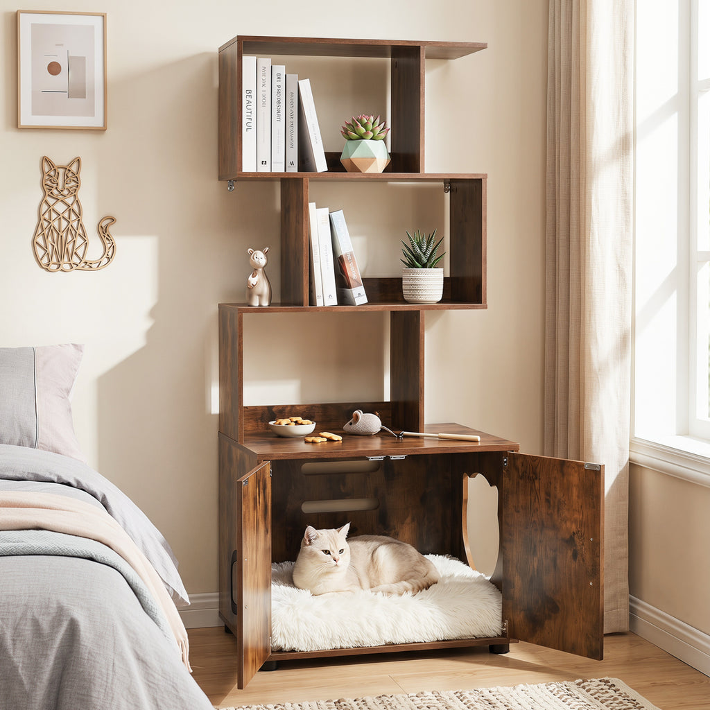 56 Inch Tall Cat Litter Box Enclosure with Storage - Rustic Brown