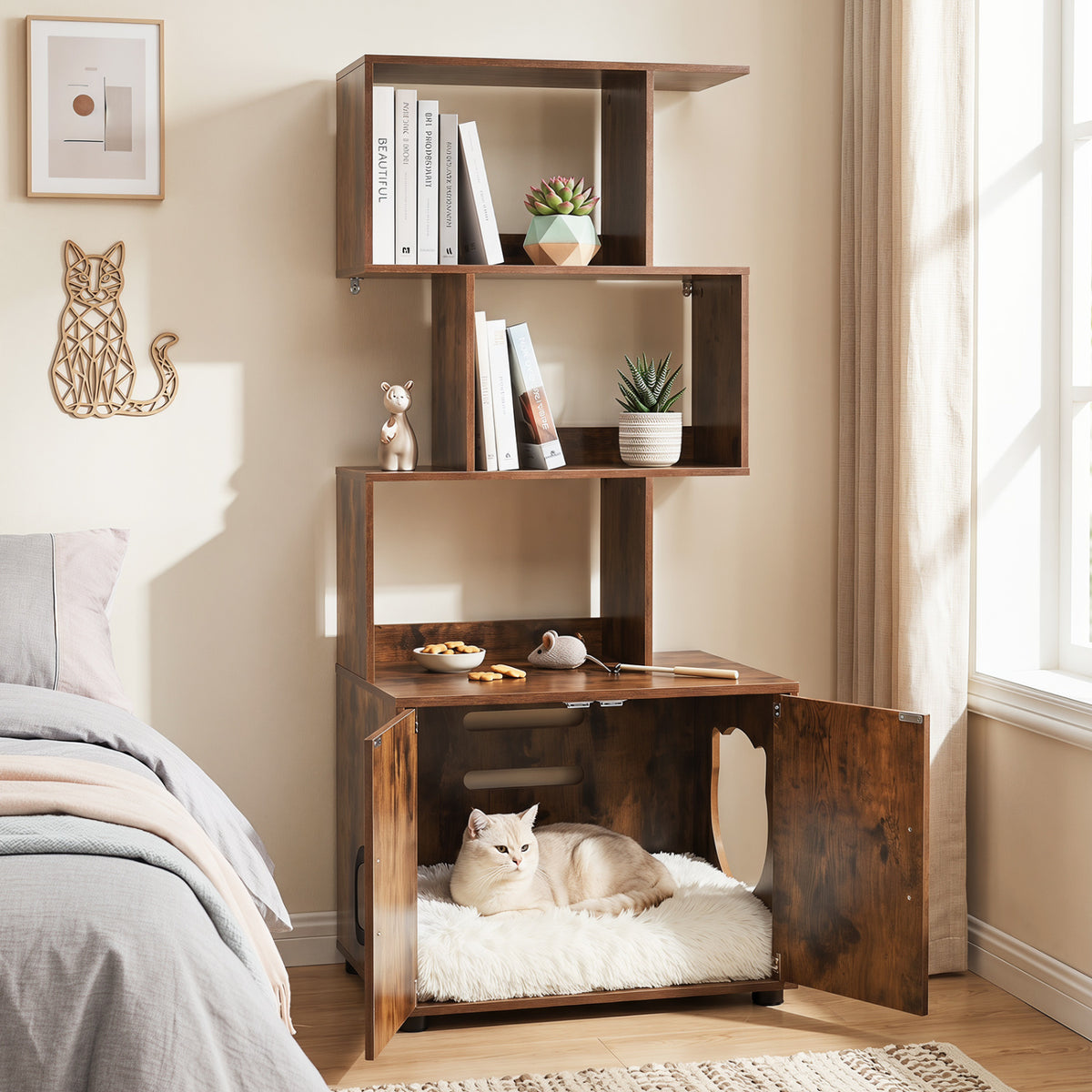 56 Inch Tall Cat Litter Box Enclosure with Storage - Rustic Brown