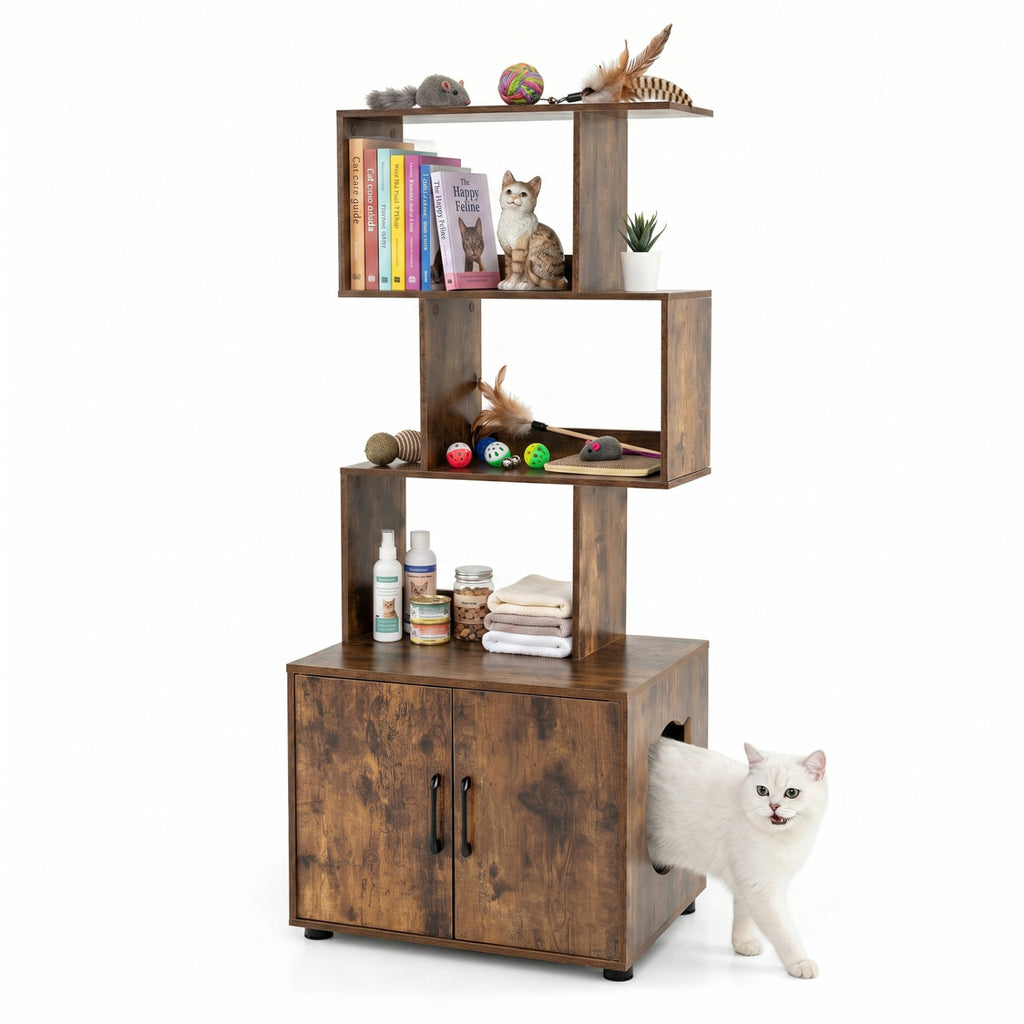 56 Inch Tall Cat Litter Box Enclosure with Storage - Rustic Brown