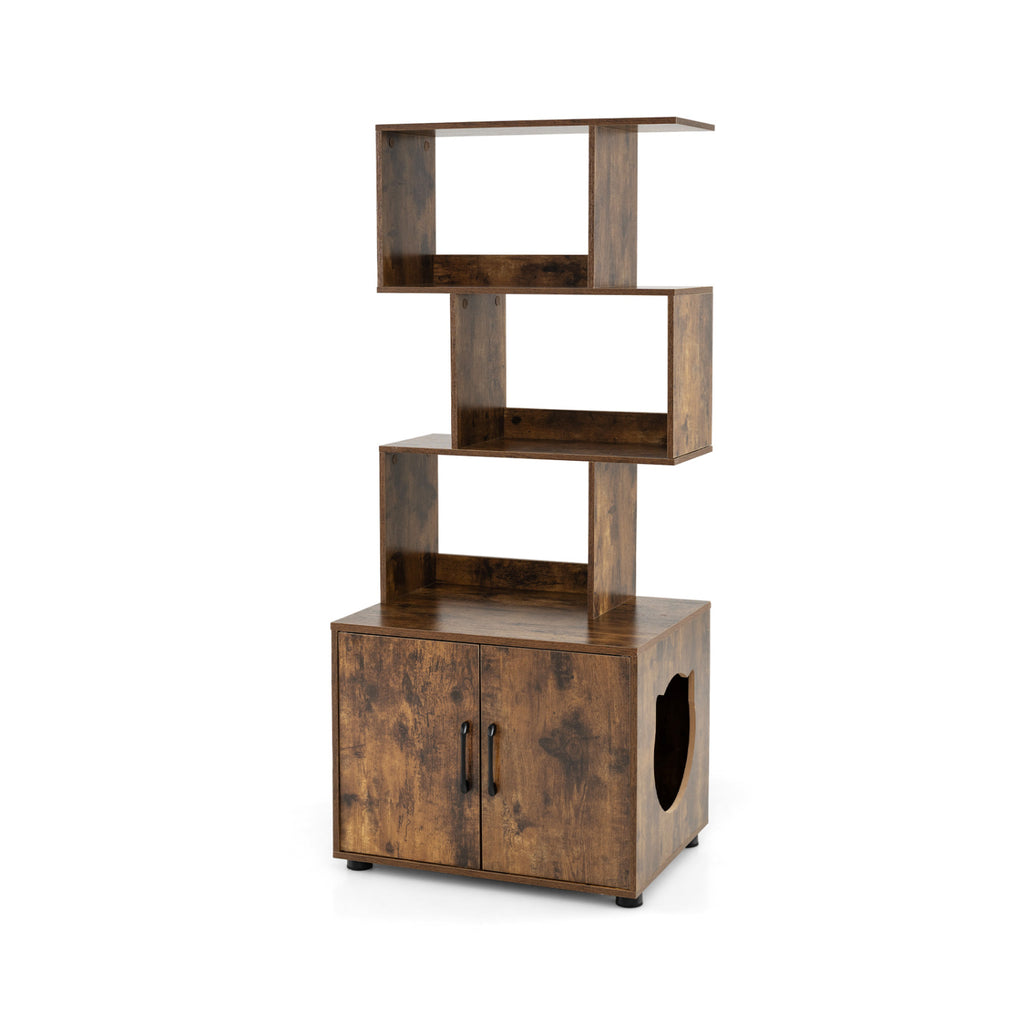 56 Inch Tall Cat Litter Box Enclosure with Storage - Rustic Brown