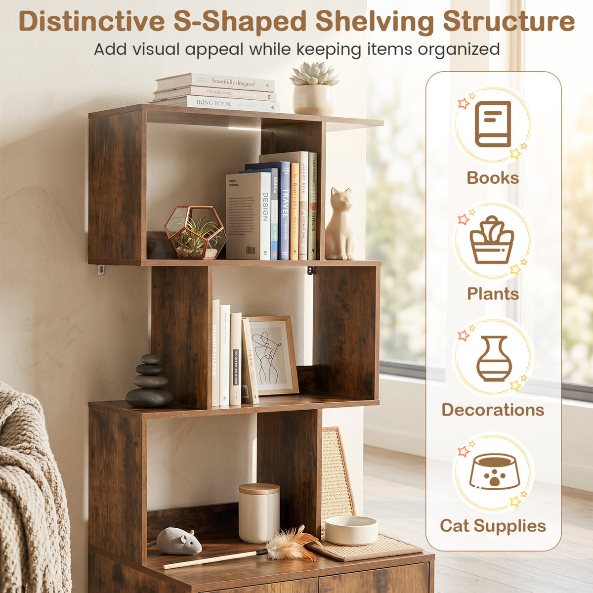 56 Inch Tall Cat Litter Box Enclosure with Storage - Rustic Brown