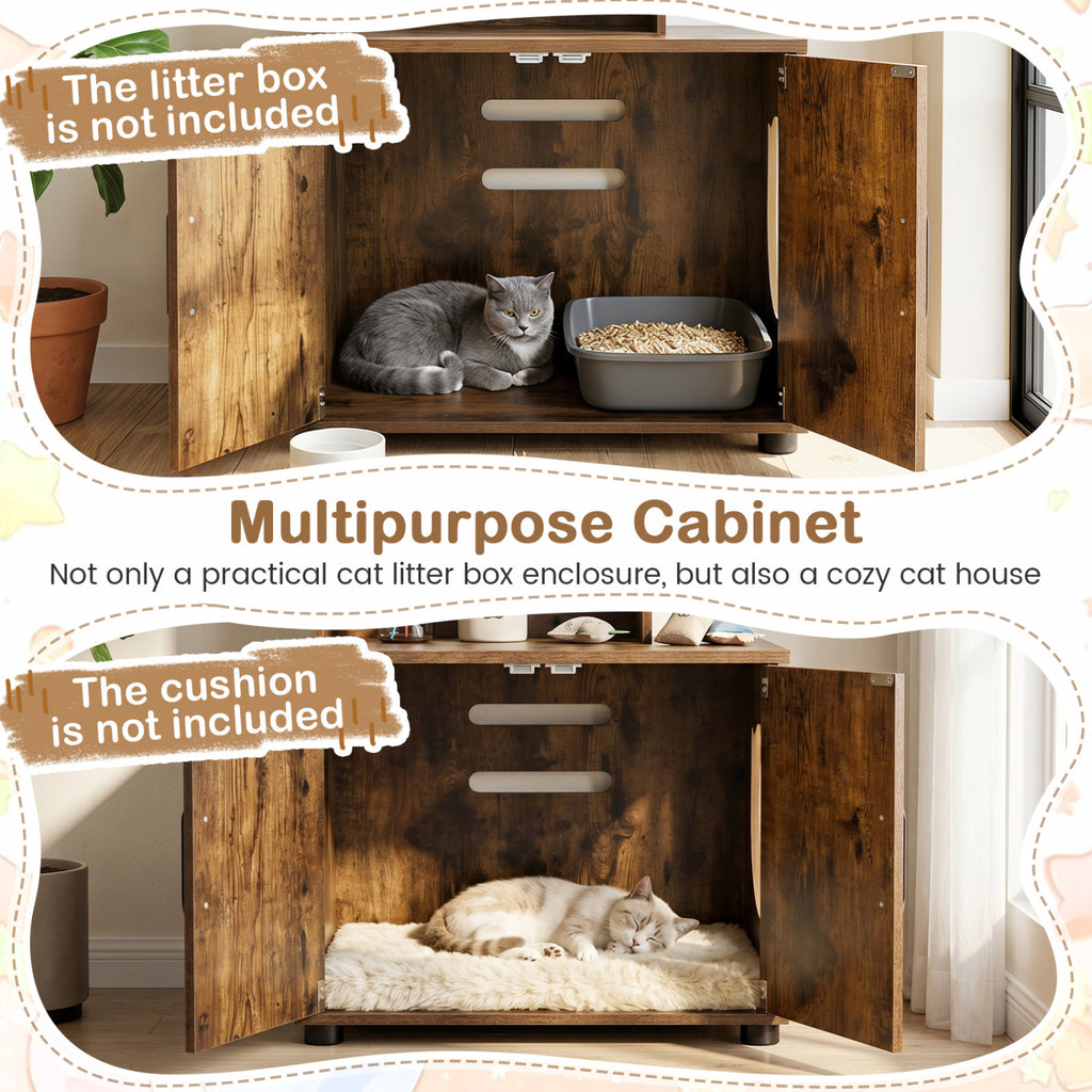 56 Inch Tall Cat Litter Box Enclosure with Storage - Rustic Brown