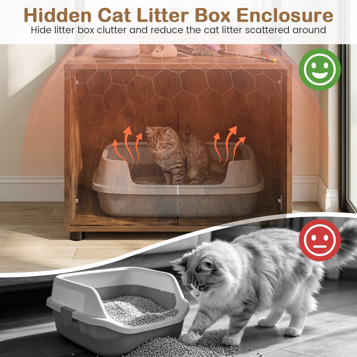 56 Inch Tall Cat Litter Box Enclosure with Storage - Rustic Brown