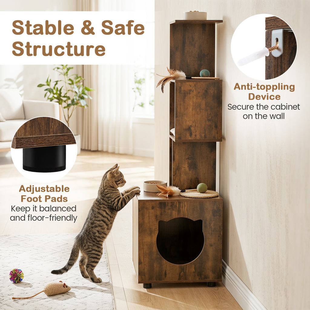 56 Inch Tall Cat Litter Box Enclosure with Storage - Rustic Brown