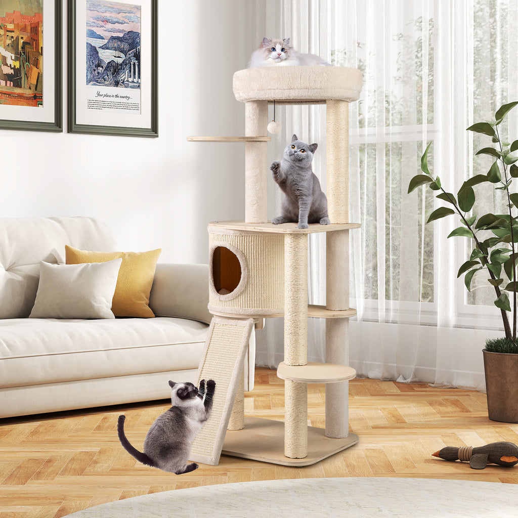 56 Inch Tall Cat Tree with Sisal Scratching Posts & Ladder - Natural Variation