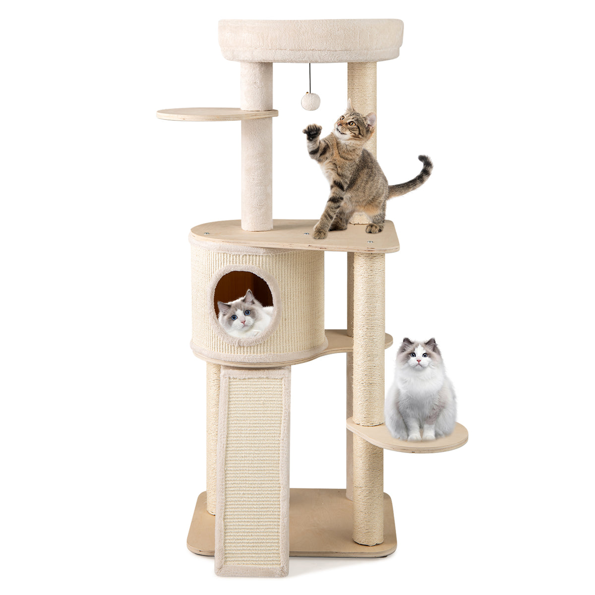 56 Inch Tall Cat Tree with Sisal Scratching Posts & Ladder - Natural Variation