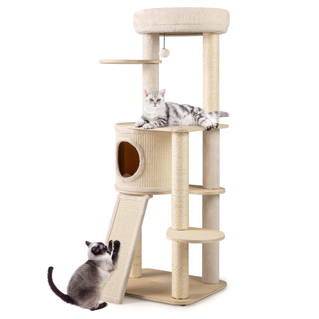 56 Inch Tall Cat Tree with Sisal Scratching Posts & Ladder - Natural Variation