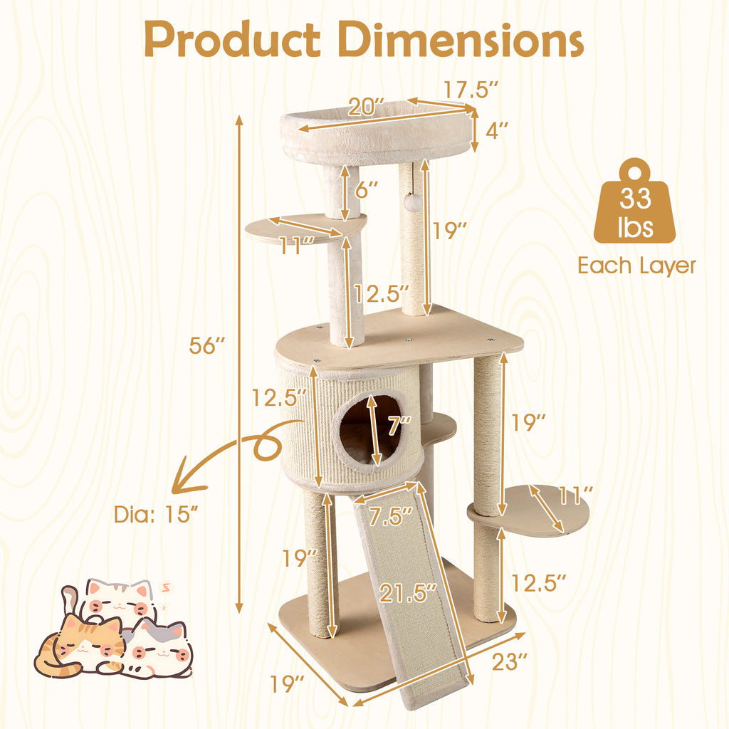 56 Inch Tall Cat Tree with Sisal Scratching Posts & Ladder - Natural Variation