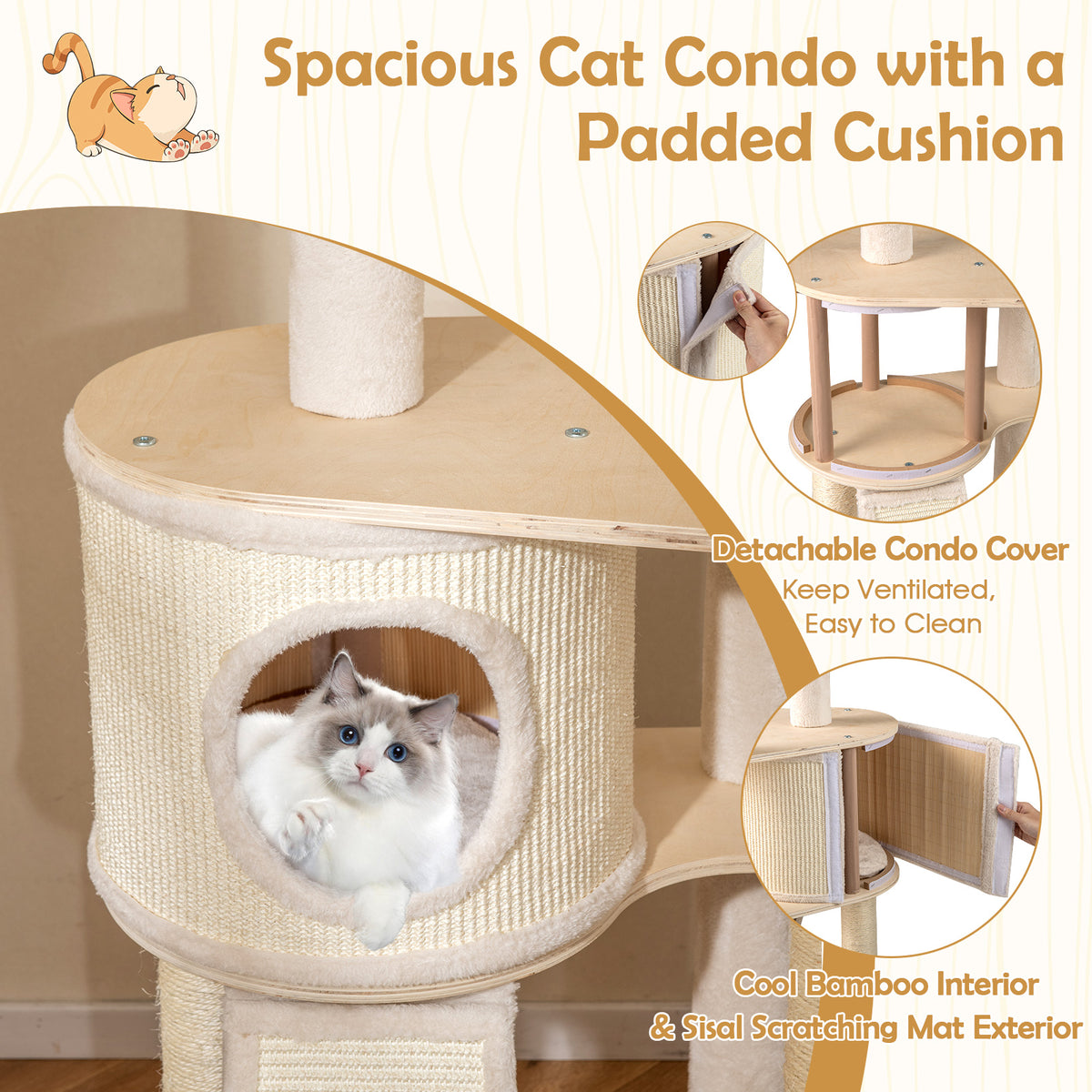 56 Inch Tall Cat Tree with Sisal Scratching Posts & Ladder - Natural Variation