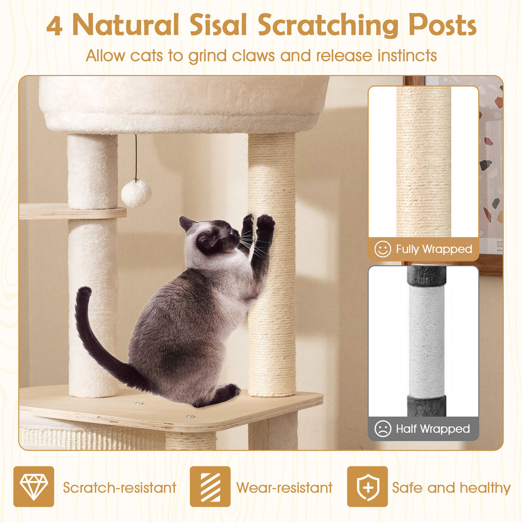 56 Inch Tall Cat Tree with Sisal Scratching Posts & Ladder - Natural Variation
