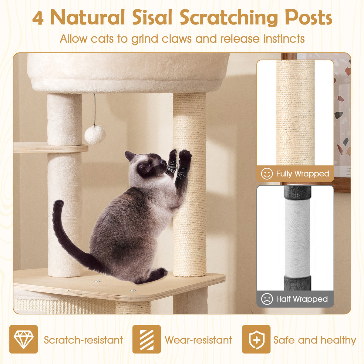 56 Inch Tall Cat Tree with Sisal Scratching Posts & Ladder - Natural Variation