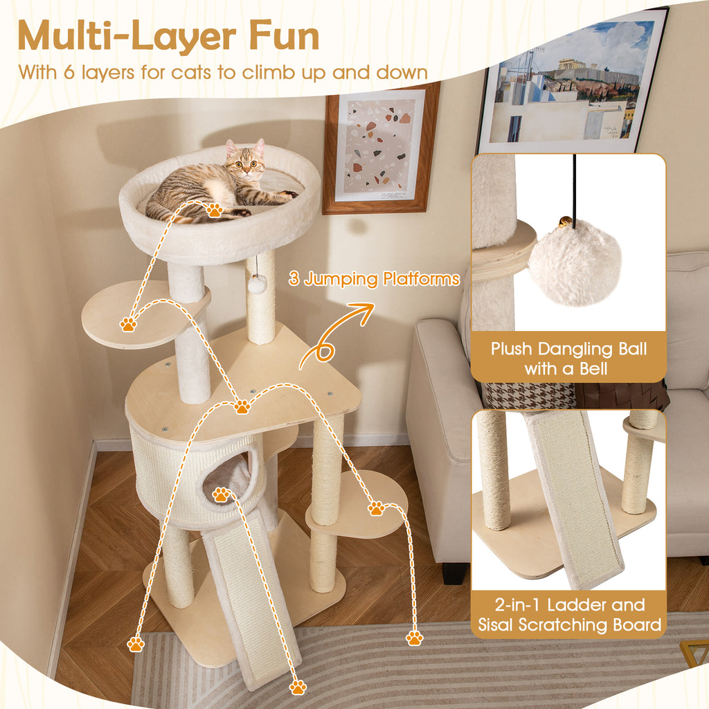 56 Inch Tall Cat Tree with Sisal Scratching Posts & Ladder - Natural Variation