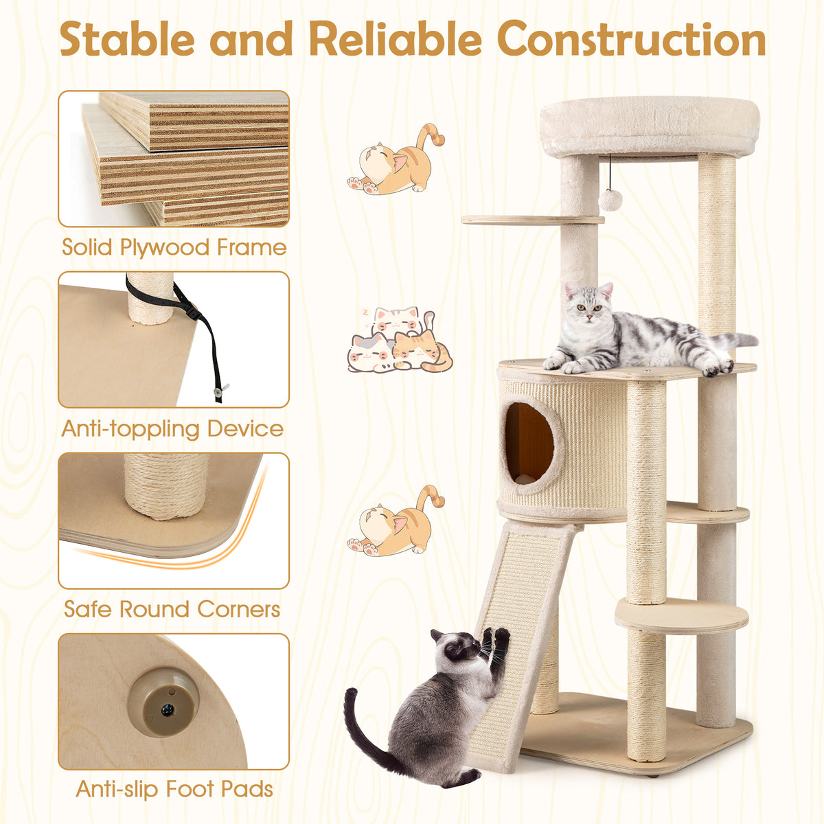 56 Inch Tall Cat Tree with Sisal Scratching Posts & Ladder - Natural Variation