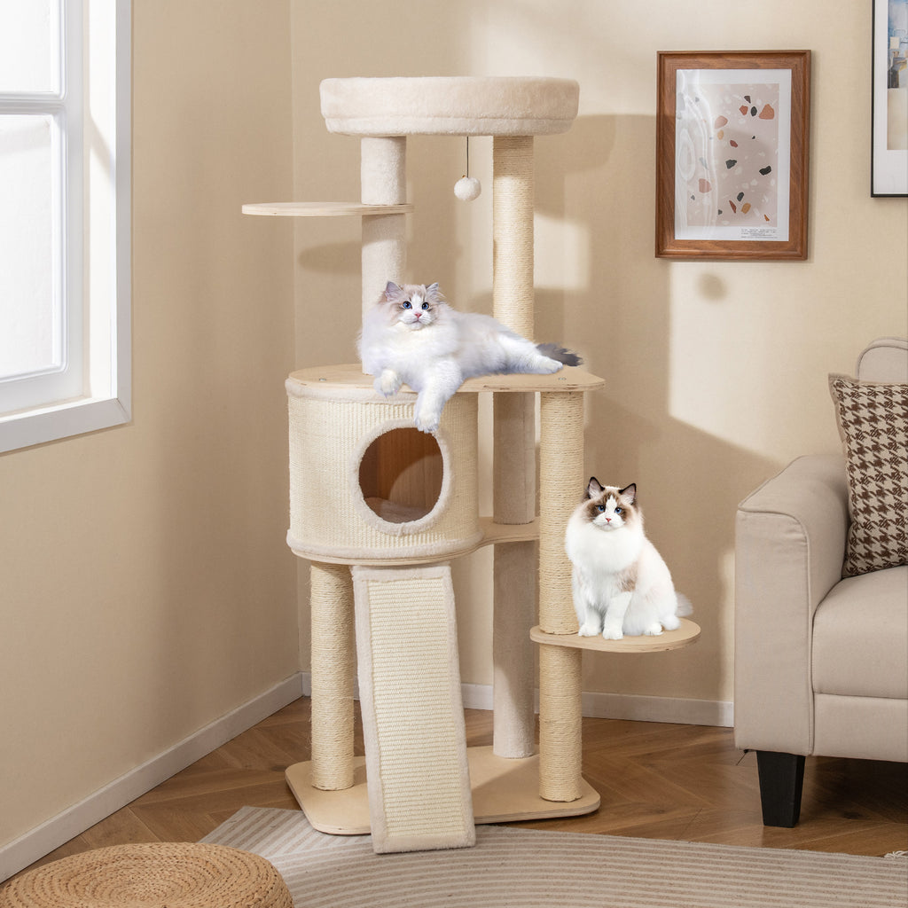 56 Inch Tall Cat Tree with Sisal Scratching Posts & Ladder - Natural Variation