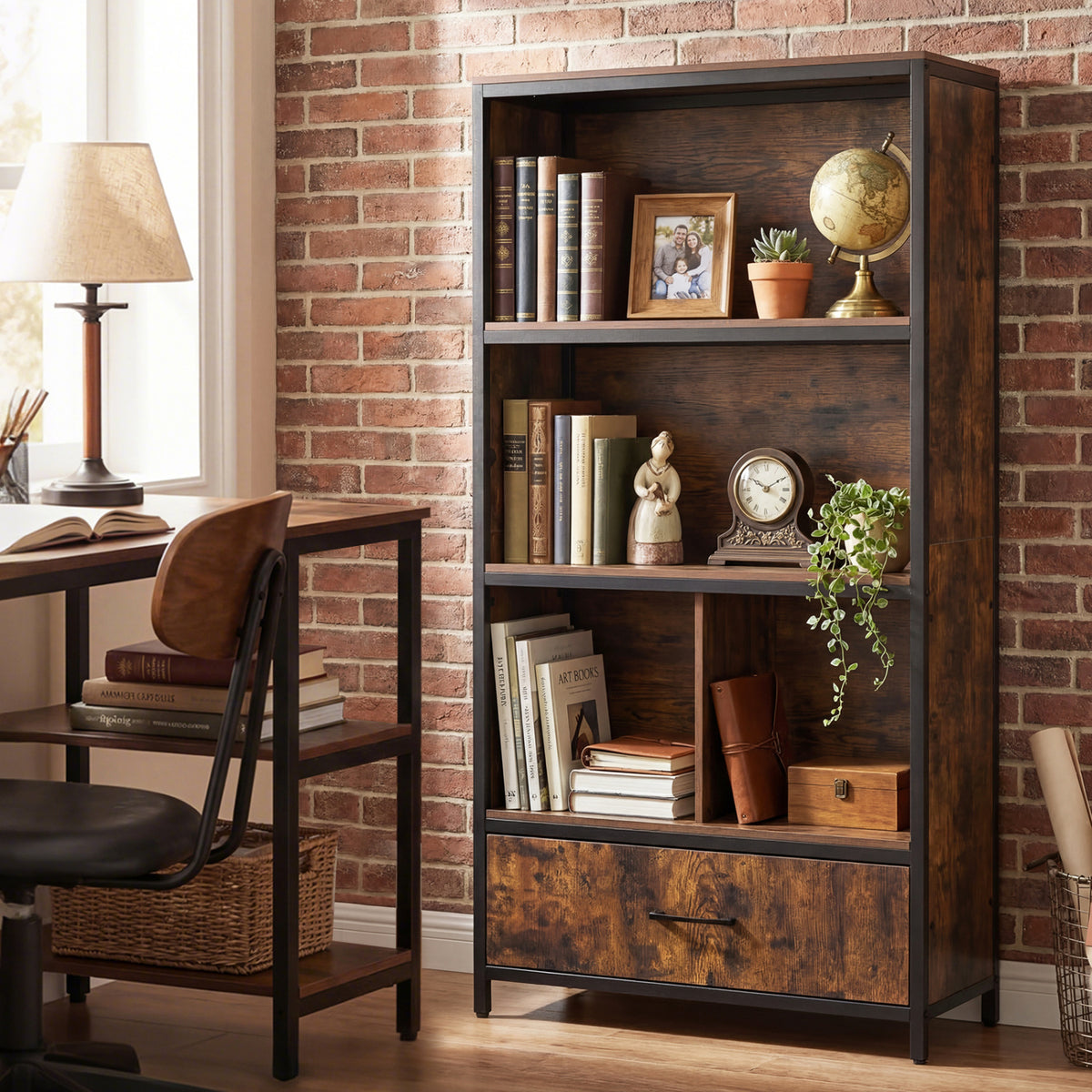 56" 5-Tier Bookcase with Drawer - Rustic Brown