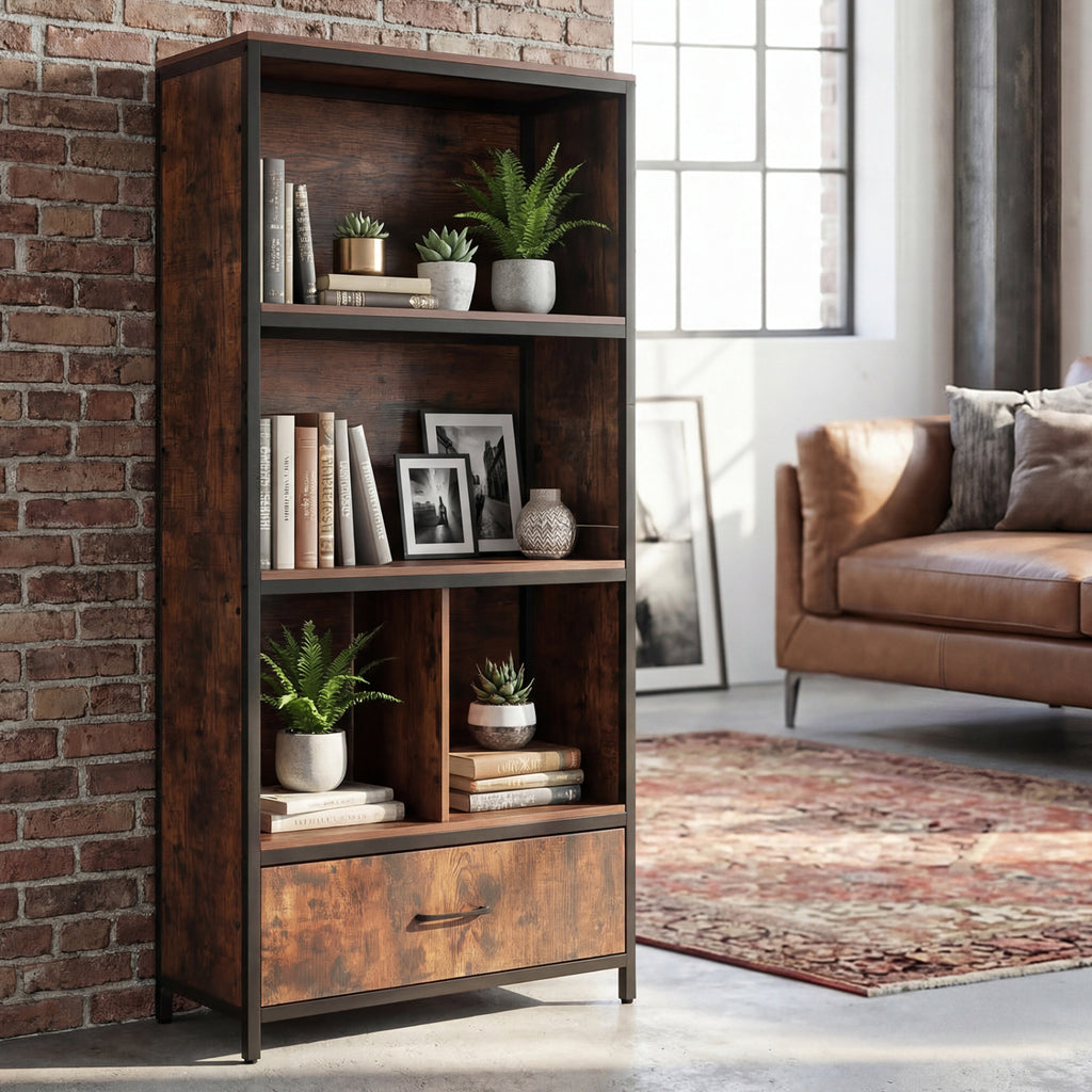56" 5-Tier Bookcase with Drawer - Rustic Brown