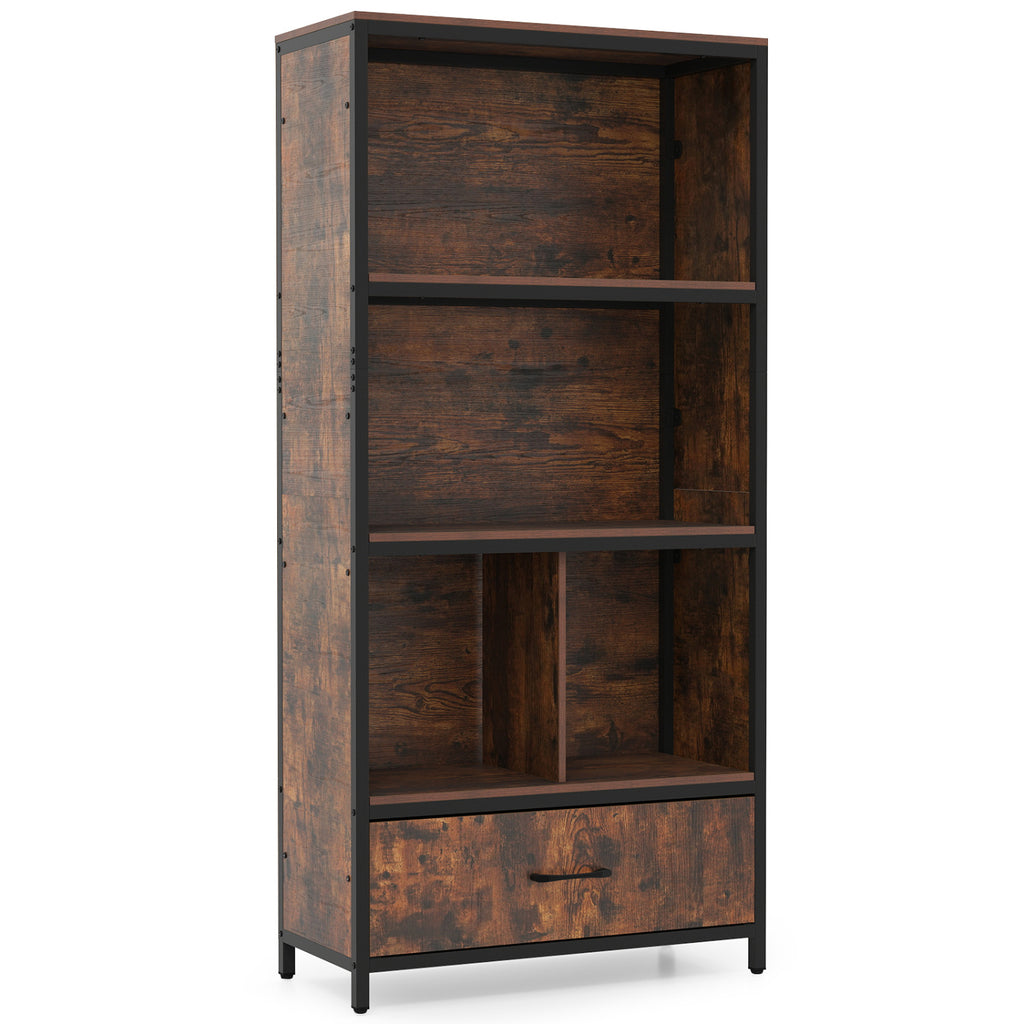 56" 5-Tier Bookcase with Drawer - Rustic Brown
