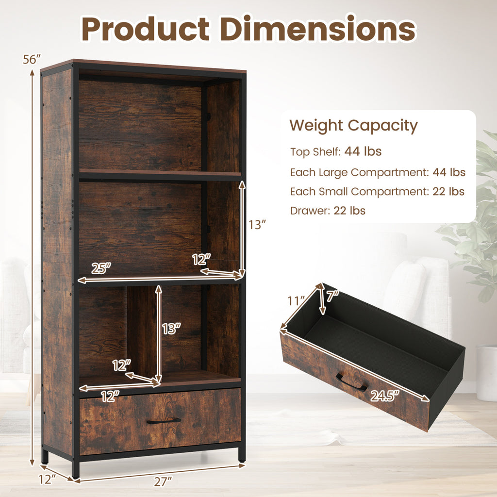 56" 5-Tier Bookcase with Drawer - Rustic Brown