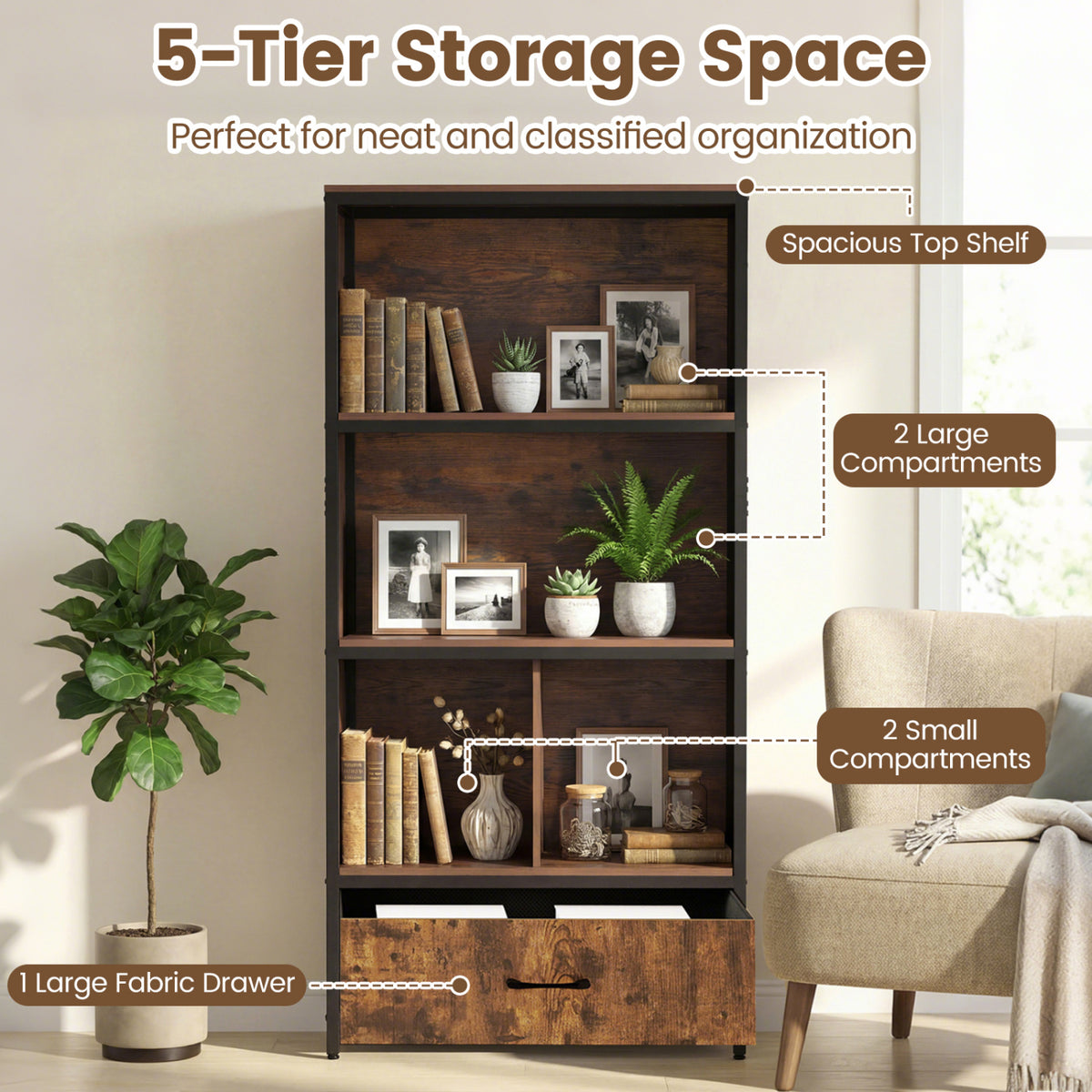 56" 5-Tier Bookcase with Drawer - Rustic Brown