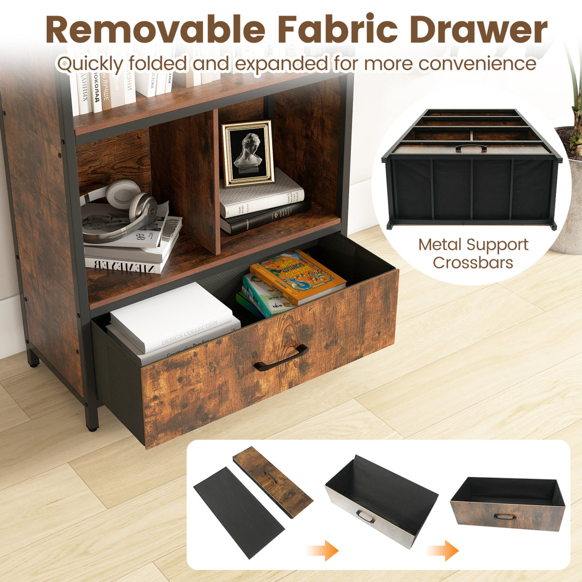 56" 5-Tier Bookcase with Drawer - Rustic Brown