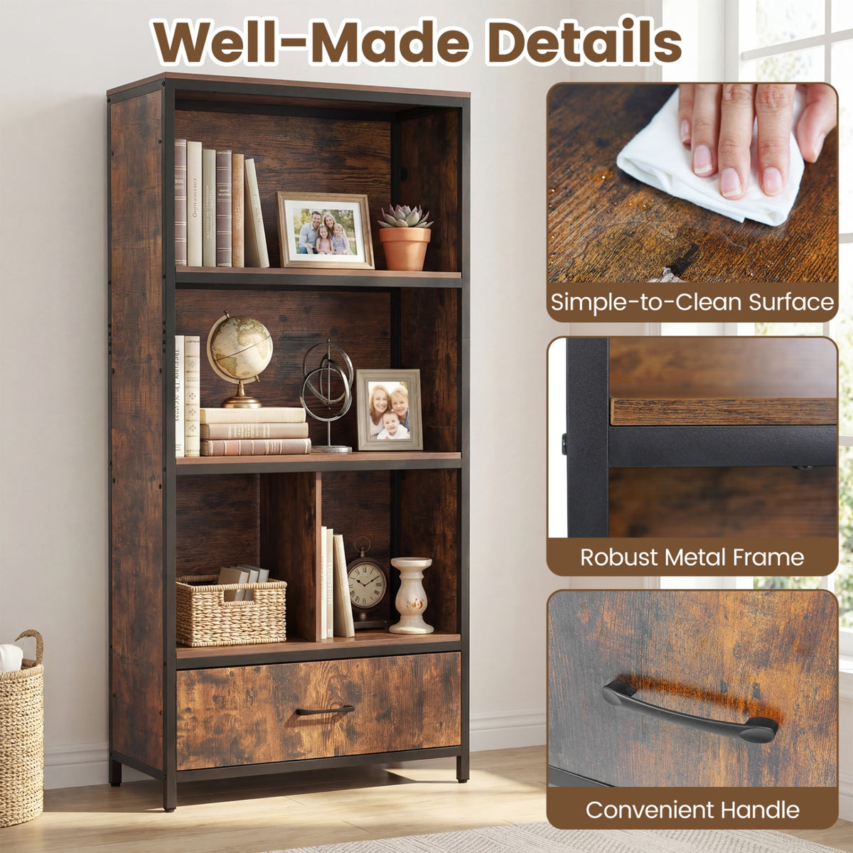 56" 5-Tier Bookcase with Drawer - Rustic Brown