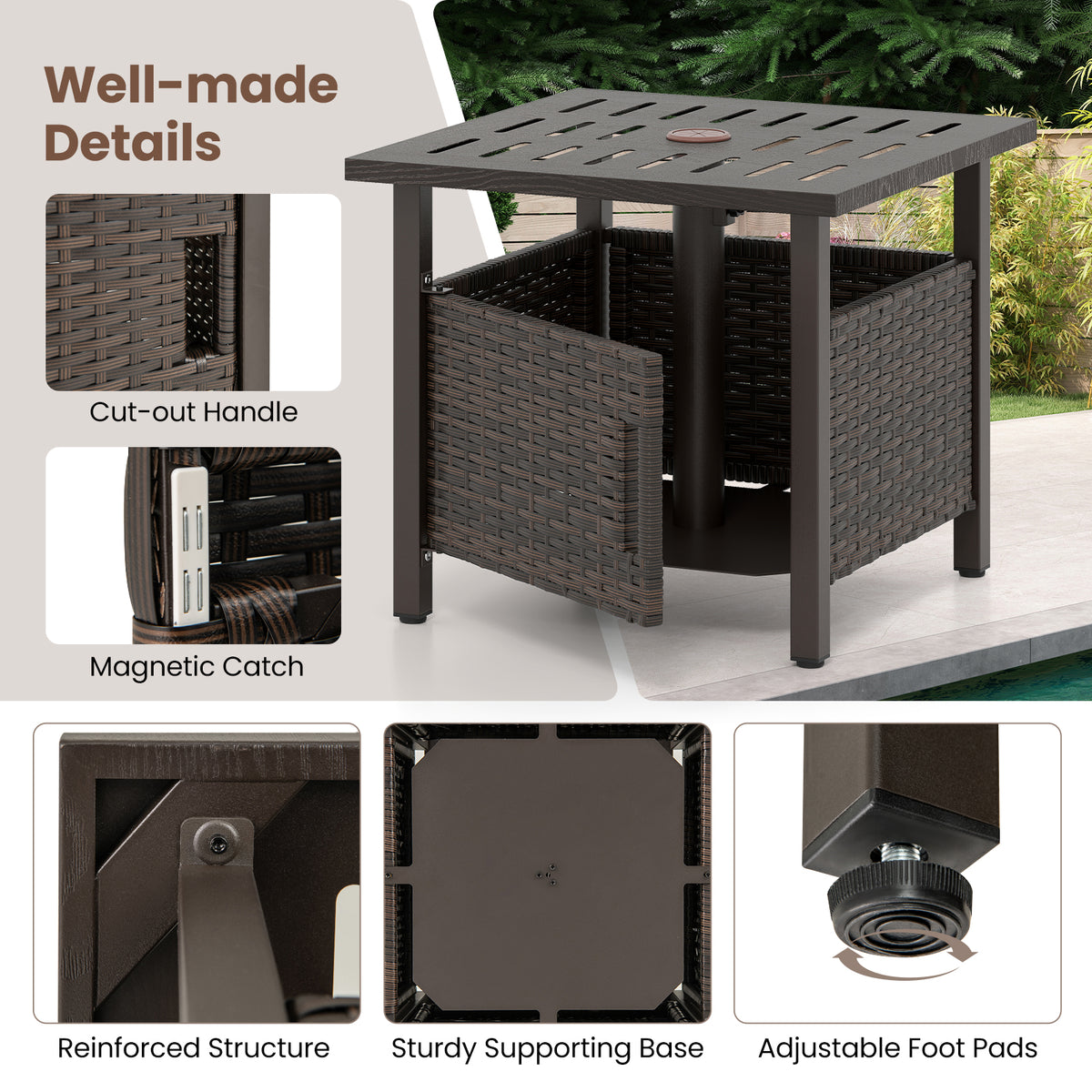 Outdoor Side Table with Umbrella Hole, Brown