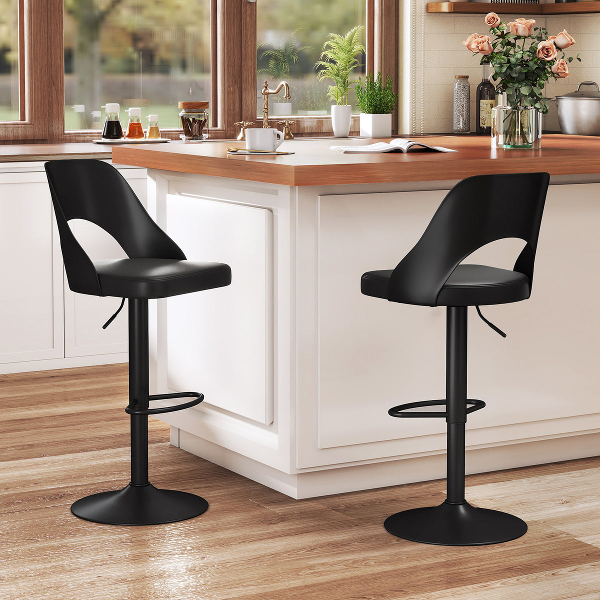 Bar Stools Set of 2 with PU Leather Seat & Footrest - White