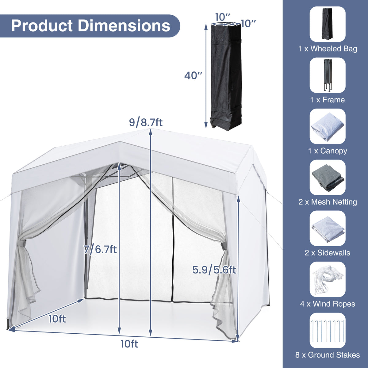 Pop up Canopy Tent wiht 4 Sidewalls Mesh Netting Wheeled Bag