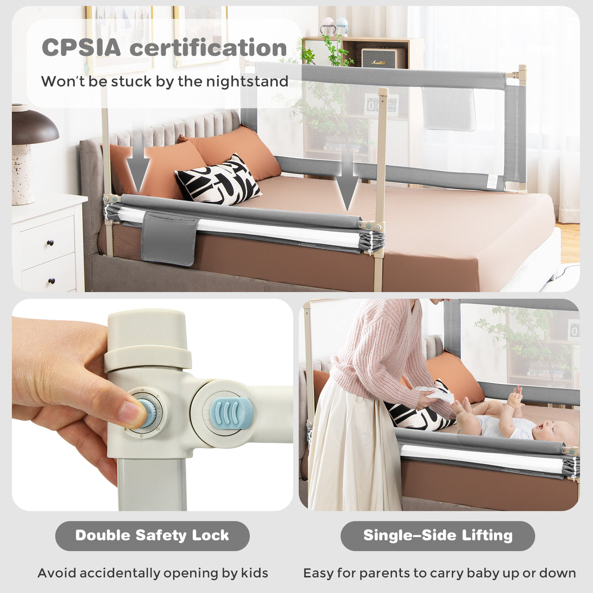 57 Inch Baby Bed Rail Guard with Lock & Independent Lift - Gray Variation