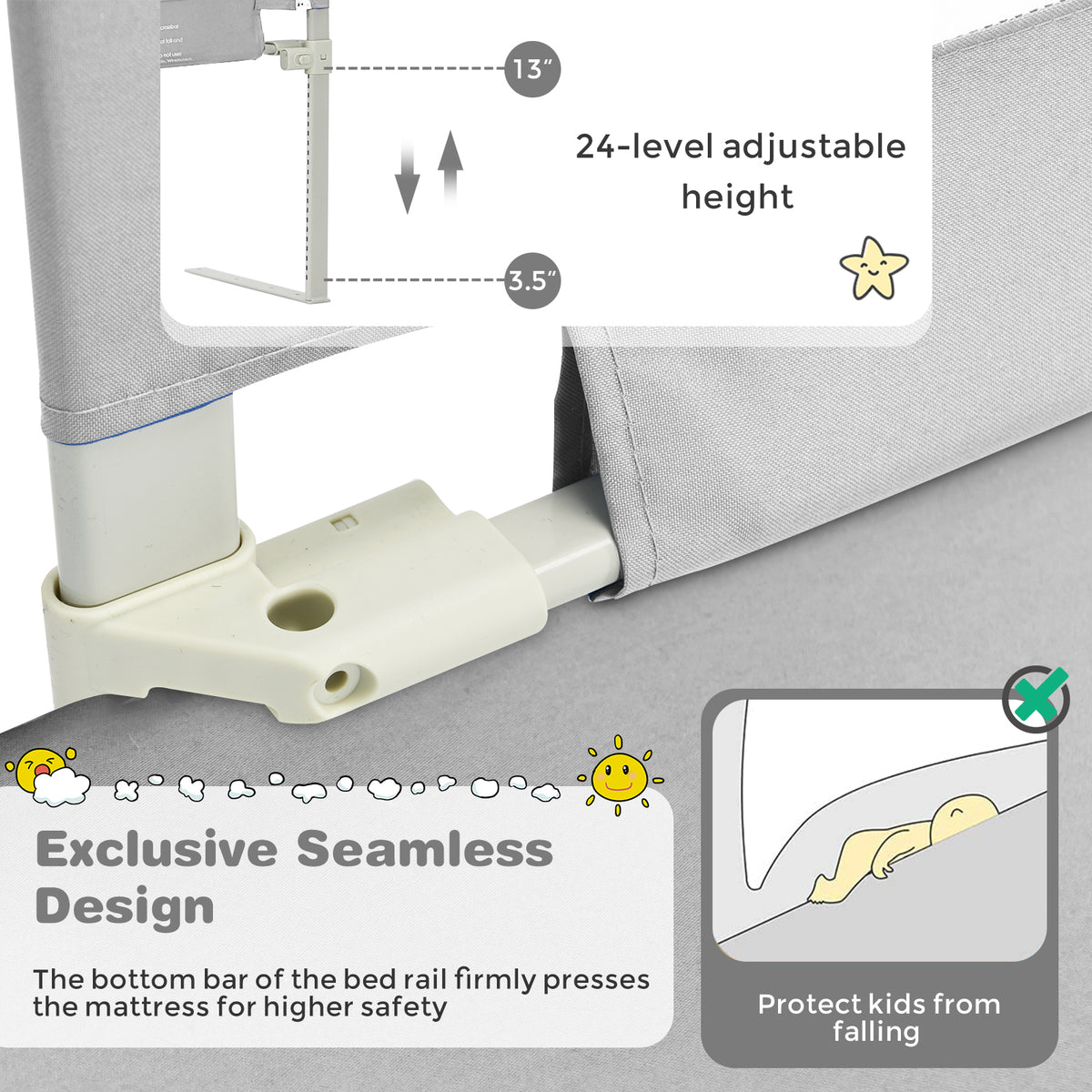 57 Inch Baby Bed Rail Guard with Lock & Independent Lift - Gray Variation