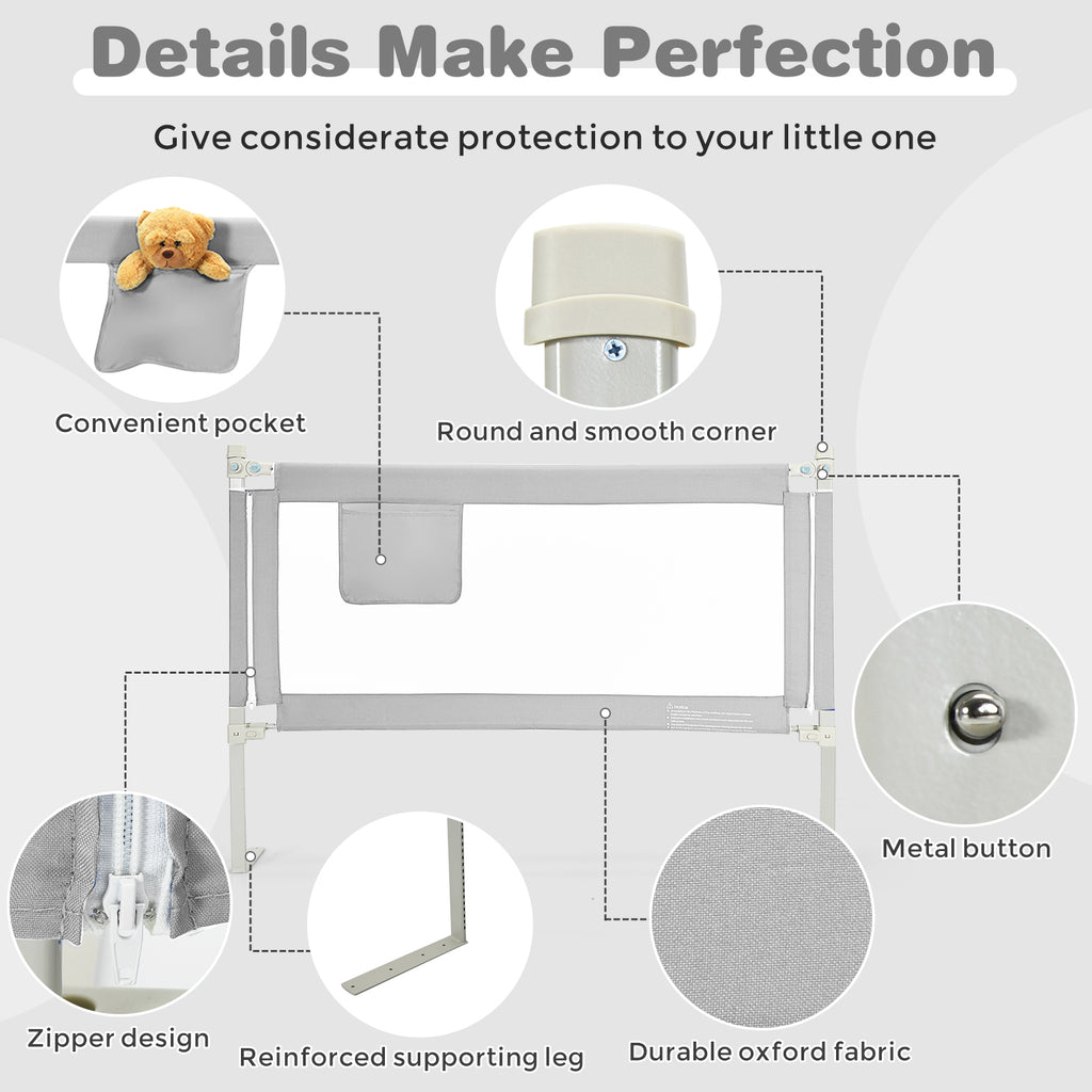 57 Inch Baby Bed Rail Guard with Lock & Independent Lift - Gray Variation