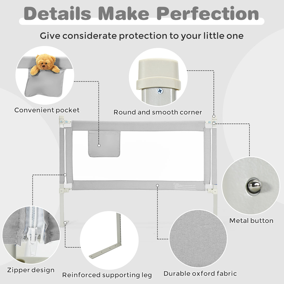 57 Inch Baby Bed Rail Guard with Lock & Independent Lift - Gray Variation