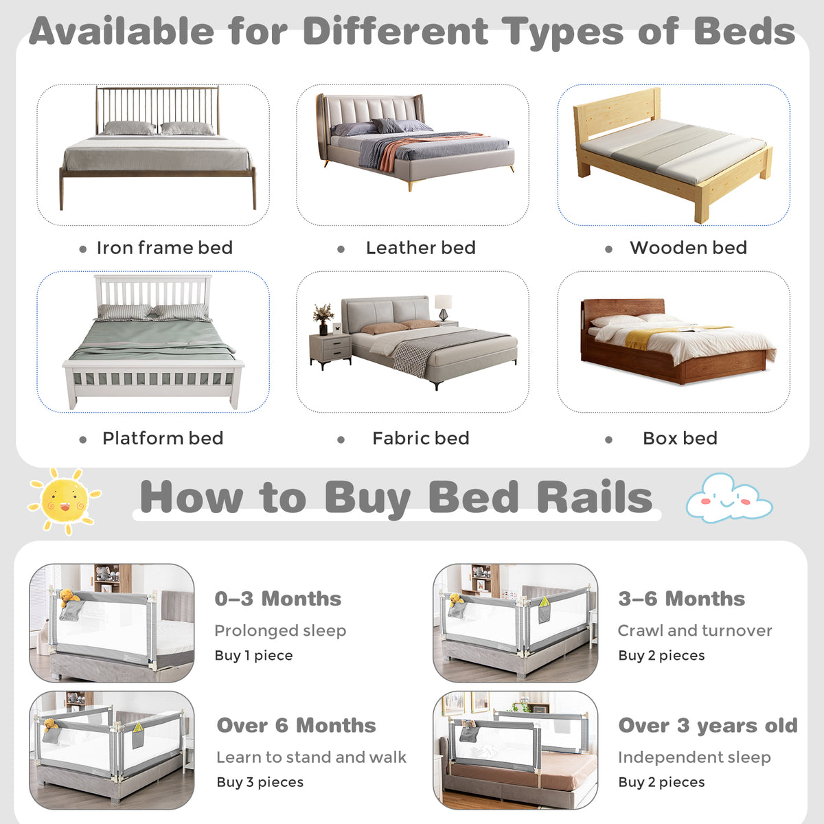 57 Inch Baby Bed Rail Guard with Lock & Independent Lift - Gray Variation