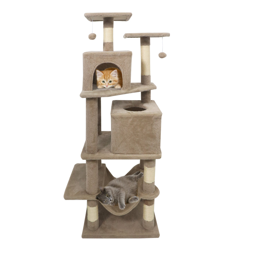 57 Inch Cat Tree with Dual Condos Hammock & Dangling Balls - Coffee Variation