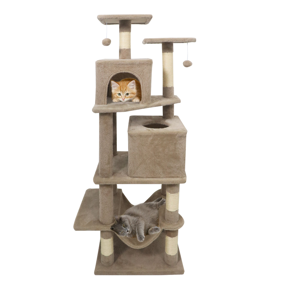 57 Inch Cat Tree with Dual Condos Hammock & Dangling Balls - Coffee Variation