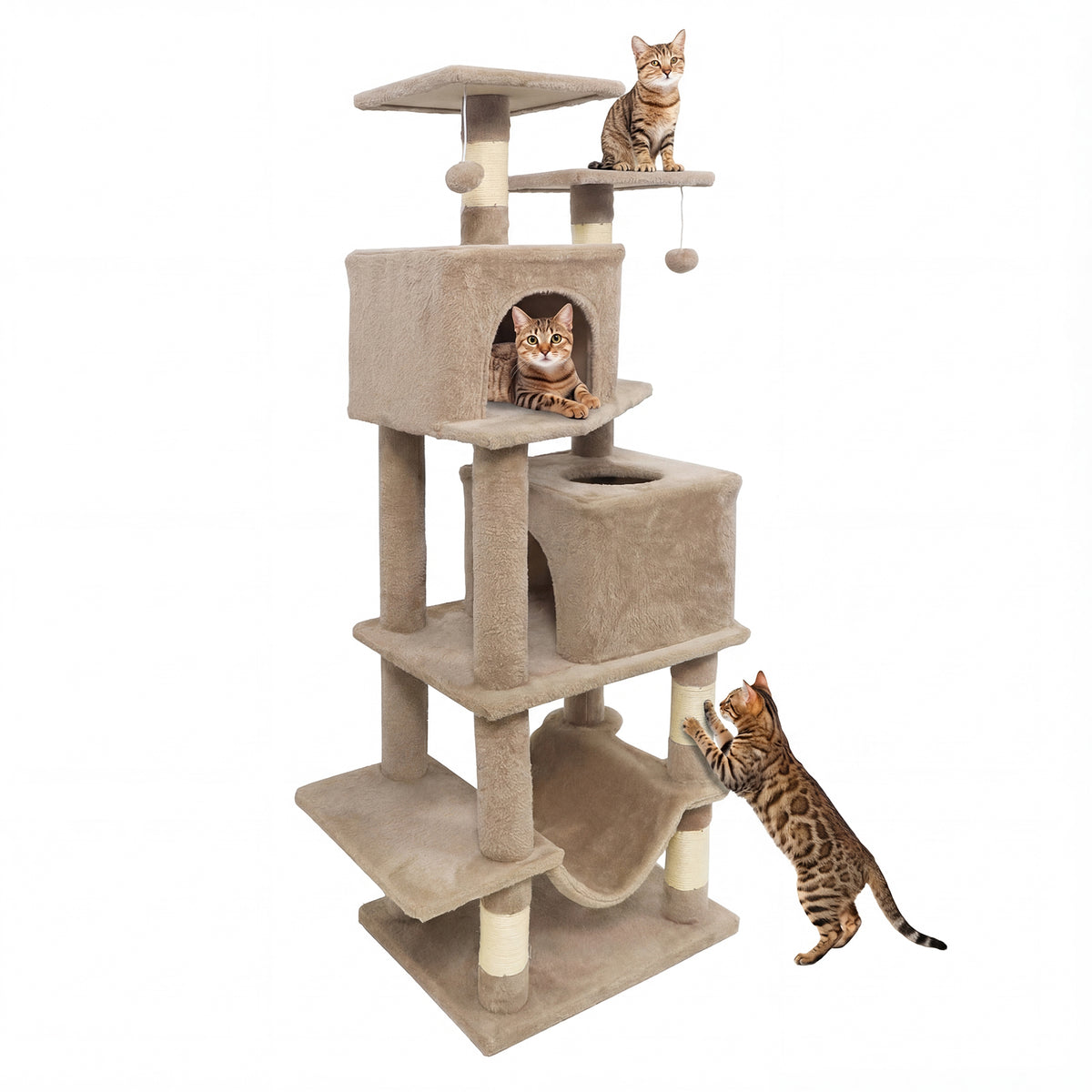 57 Inch Cat Tree with Dual Condos Hammock & Dangling Balls - Coffee Variation