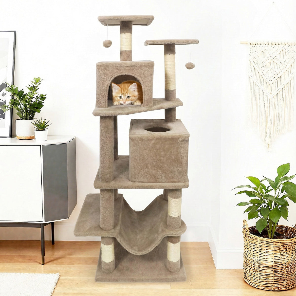 57 Inch Cat Tree with Dual Condos Hammock & Dangling Balls - Coffee Variation
