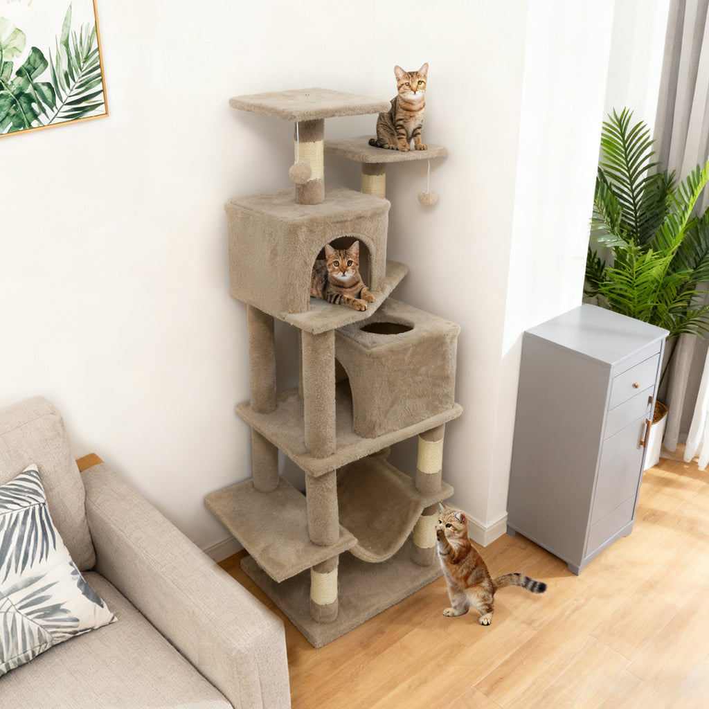 57 Inch Cat Tree with Dual Condos Hammock & Dangling Balls - Coffee Variation