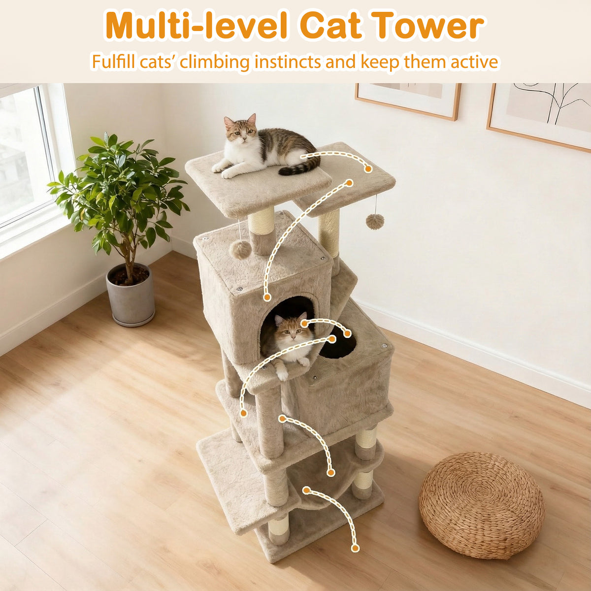 57 Inch Cat Tree with Dual Condos Hammock & Dangling Balls - Coffee Variation