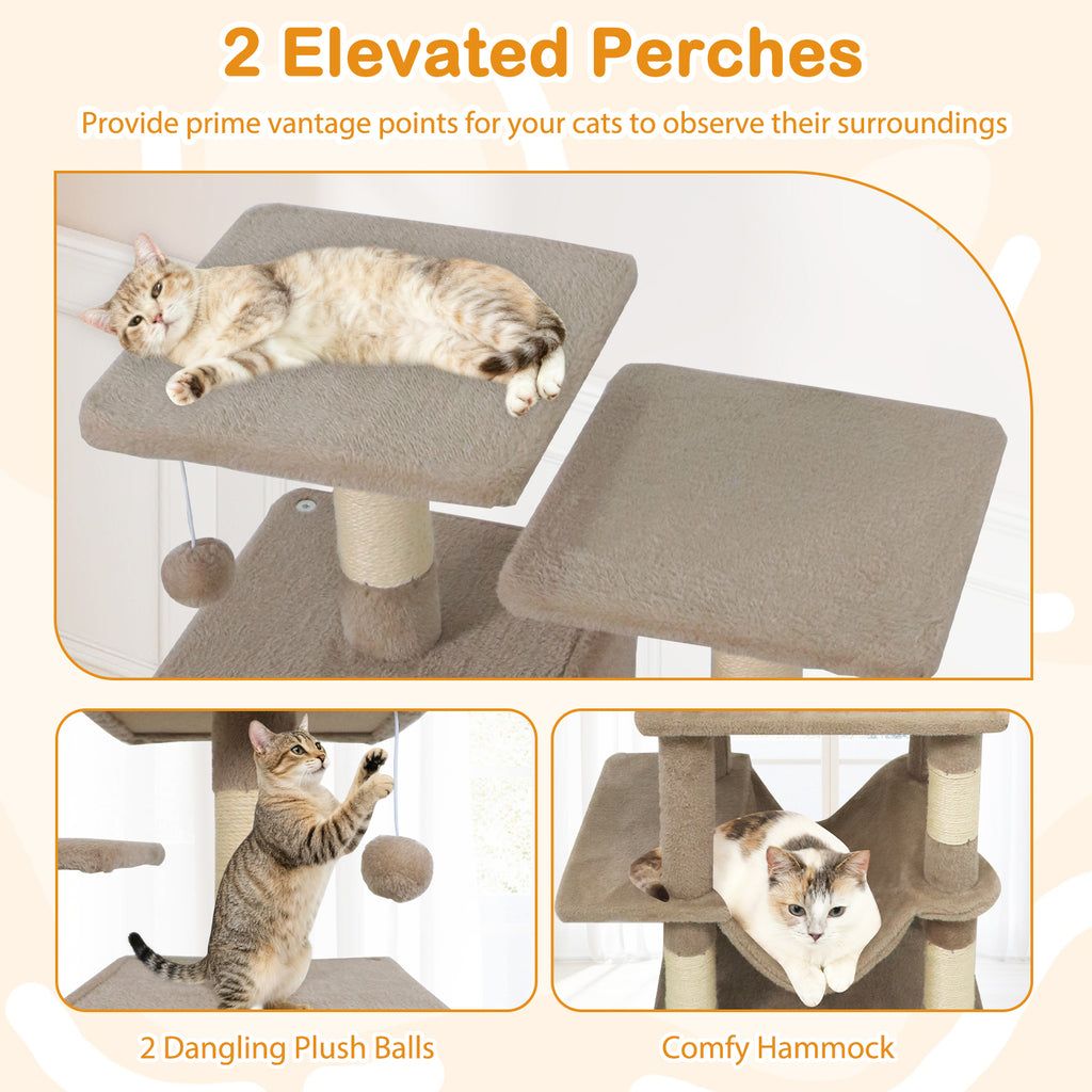 57 Inch Cat Tree with Dual Condos Hammock & Dangling Balls - Coffee Variation